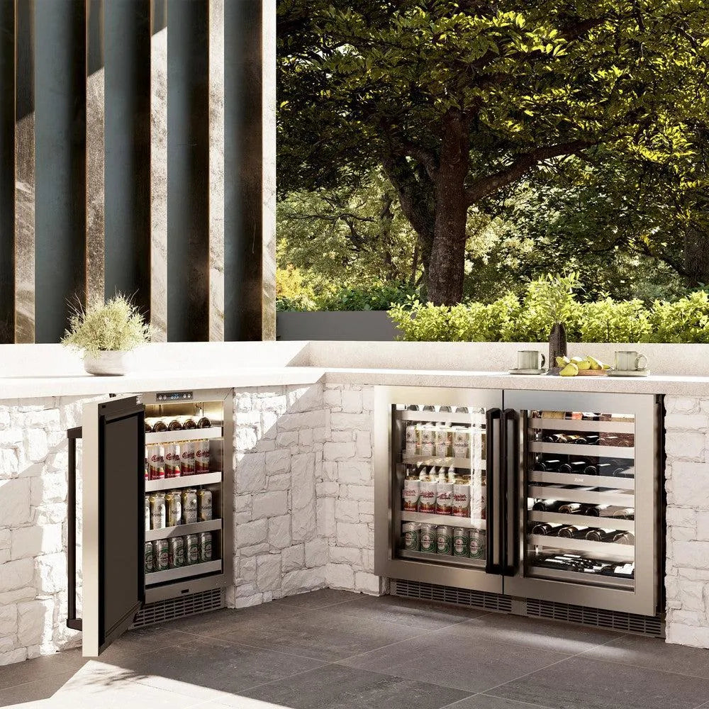 ZLINE Autograph Edition 24 in. Touchstone 151 Can Beverage Fridge With Stainless Steel Glass Door And Matte Black Handle (RBSOZ-GS-24-MB) in an outdoor patio area.
