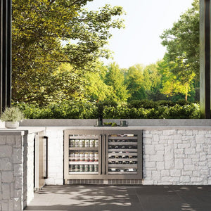 ZLINE Autograph Edition 24 in. Touchstone 151 Can Beverage Fridge With Stainless Steel Glass Door And Matte Black Handle (RBSOZ-GS-24-MB) in an outdoor patio area.