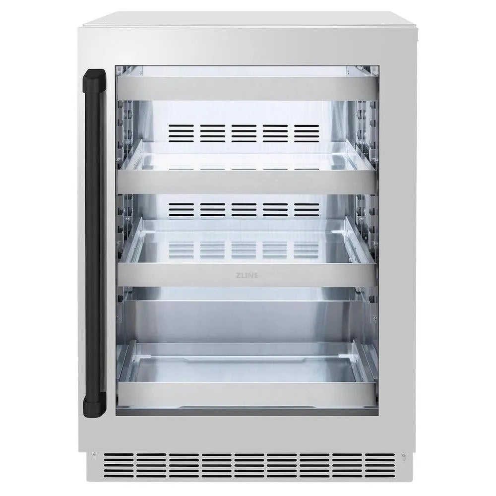 ZLINE Autograph Edition 24 in. Touchstone 151 Can Beverage Fridge With Stainless Steel Glass Door And Matte Black Handle (RBSOZ-GS-24-MB) main image.