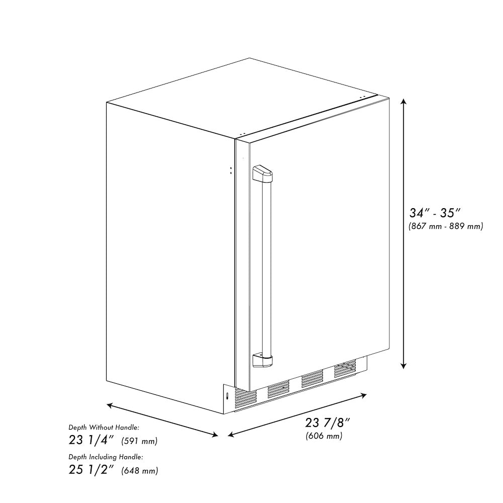 ZLINE Autograph Edition 24 in. Touchstone 151 Can Beverage Fridge With Solid Stainless Steel Door And Champagne Bronze Handle (RBSOZ-ST-24-CB) dimensional diagram.