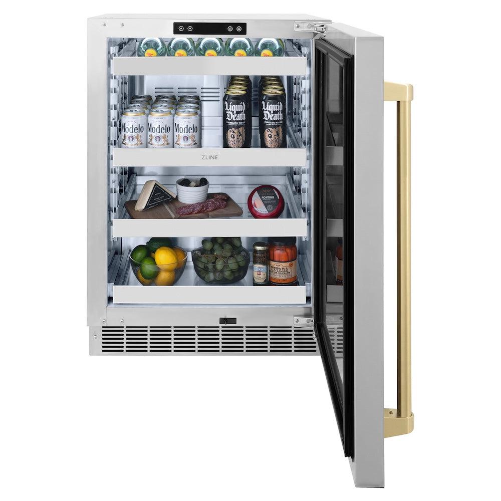 ZLINE Autograph Edition 24 in. Touchstone 151 Can Beverage Fridge With Solid Stainless Steel Door And Champagne Bronze Handle (RBSOZ-ST-24-CB) front, open, full.