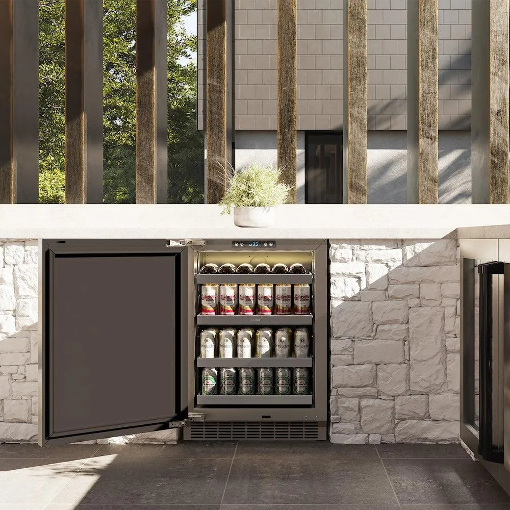 ZLINE Autograph Edition 24 in. Touchstone 151 Can Beverage Fridge With Solid Stainless Steel Door And Matte Black Handle (RBSOZ-ST-24-MB) front, in a luxury outdoor kitchen.
