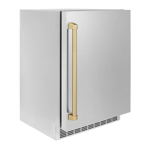 ZLINE Autograph Edition 24 in. Touchstone 151 Can Beverage Fridge With Solid Stainless Steel Door And Champagne Bronze Handle (RBSOZ-ST-24-CB) side, closed.