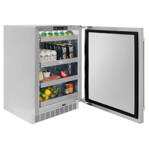 ZLINE Autograph Edition 24 in. Touchstone 151 Can Beverage Fridge With Solid Stainless Steel Door And Champagne Bronze Handle (RBSOZ-ST-24-CB) side, open, full.