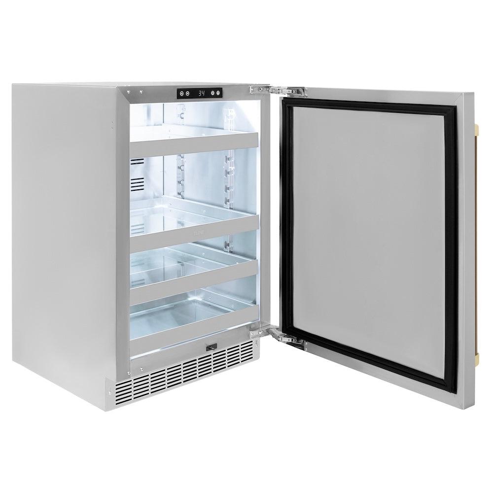 ZLINE Autograph Edition 24 in. Touchstone 151 Can Beverage Fridge With Solid Stainless Steel Door And Champagne Bronze Handle (RBSOZ-ST-24-CB) side, open.