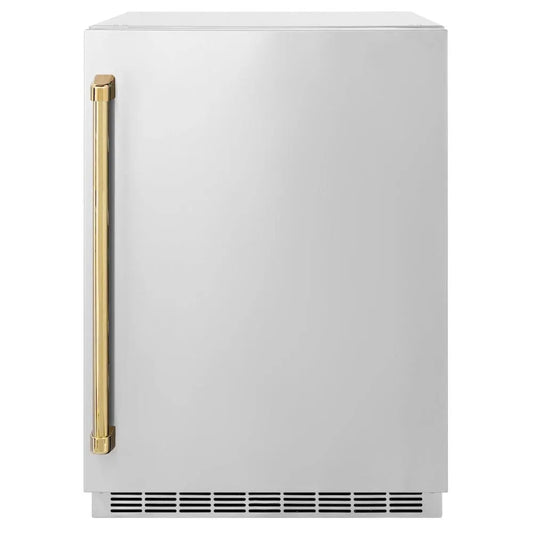 ZLINE Autograph Edition 24 in. Touchstone 151 Can Beverage Fridge With Solid Stainless Steel Door And Polished Gold Handle (RBSOZ-ST-24-G) main image.