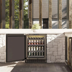 ZLINE Autograph Edition 24 in. Touchstone 151 Can Beverage Fridge With Solid Stainless Steel Door And Polished Gold Handle (RBSOZ-ST-24-G) front, in a luxury outdoor kitchen, open.