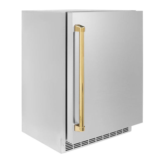 ZLINE Autograph Edition 24 in. Touchstone 151 Can Beverage Fridge With Solid Stainless Steel Door And Polished Gold Handle (RBSOZ-ST-24-G) side, closed.