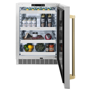 ZLINE Autograph Edition 24 in. Touchstone 151 Can Beverage Fridge with Solid Stainless Steel Door and Champagne Bronze Helix Handle (RBSOZ-ST-24-KCB) front, open, with various beverages inside.