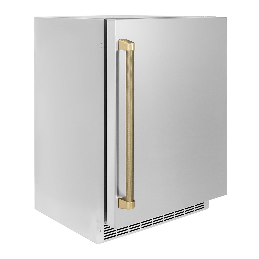 ZLINE Autograph Edition 24 in. Touchstone 151 Can Beverage Fridge with Solid Stainless Steel Door and Champagne Bronze Helix Handle (RBSOZ-ST-24-KCB) side.
