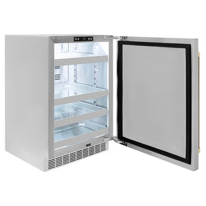 ZLINE Autograph Edition 24 in. Touchstone 151 Can Beverage Fridge with Solid Stainless Steel Door and Champagne Bronze Helix Handle (RBSOZ-ST-24-KCB) side, open.