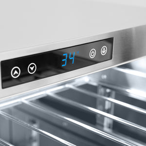 ZLINE Autograph Edition 24 in. Touchstone 151 Can Beverage Fridge with Solid Stainless Steel Door and Polished Gold Helix Handle (RBSOZ-ST-24-KG) digital control panel displaying temperature.