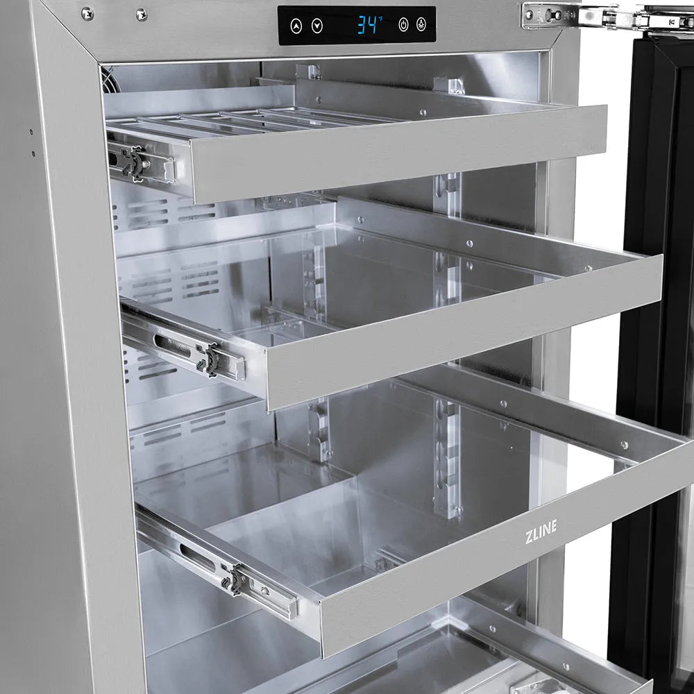 ZLINE Autograph Edition 24 in. Touchstone 151 Can Beverage Fridge with Solid Stainless Steel Door and Polished Gold Helix Handle (RBSOZ-ST-24-KG) adjustable shelves extended.