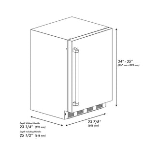 ZLINE Autograph Edition 24 in. Touchstone 151 Can Beverage Fridge with Solid Stainless Steel Door and Polished Gold Helix Handle (RBSOZ-ST-24-KG) dimensional diagram.