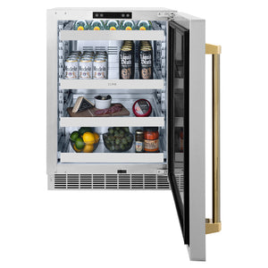 ZLINE Autograph Edition 24 in. Touchstone 151 Can Beverage Fridge with Solid Stainless Steel Door and Polished Gold Helix Handle (RBSOZ-ST-24-KG) front, open, with various beverages inside.