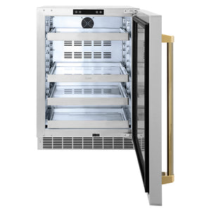 ZLINE Autograph Edition 24 in. Touchstone 151 Can Beverage Fridge with Solid Stainless Steel Door and Polished Gold Helix Handle (RBSOZ-ST-24-KG) front, open.