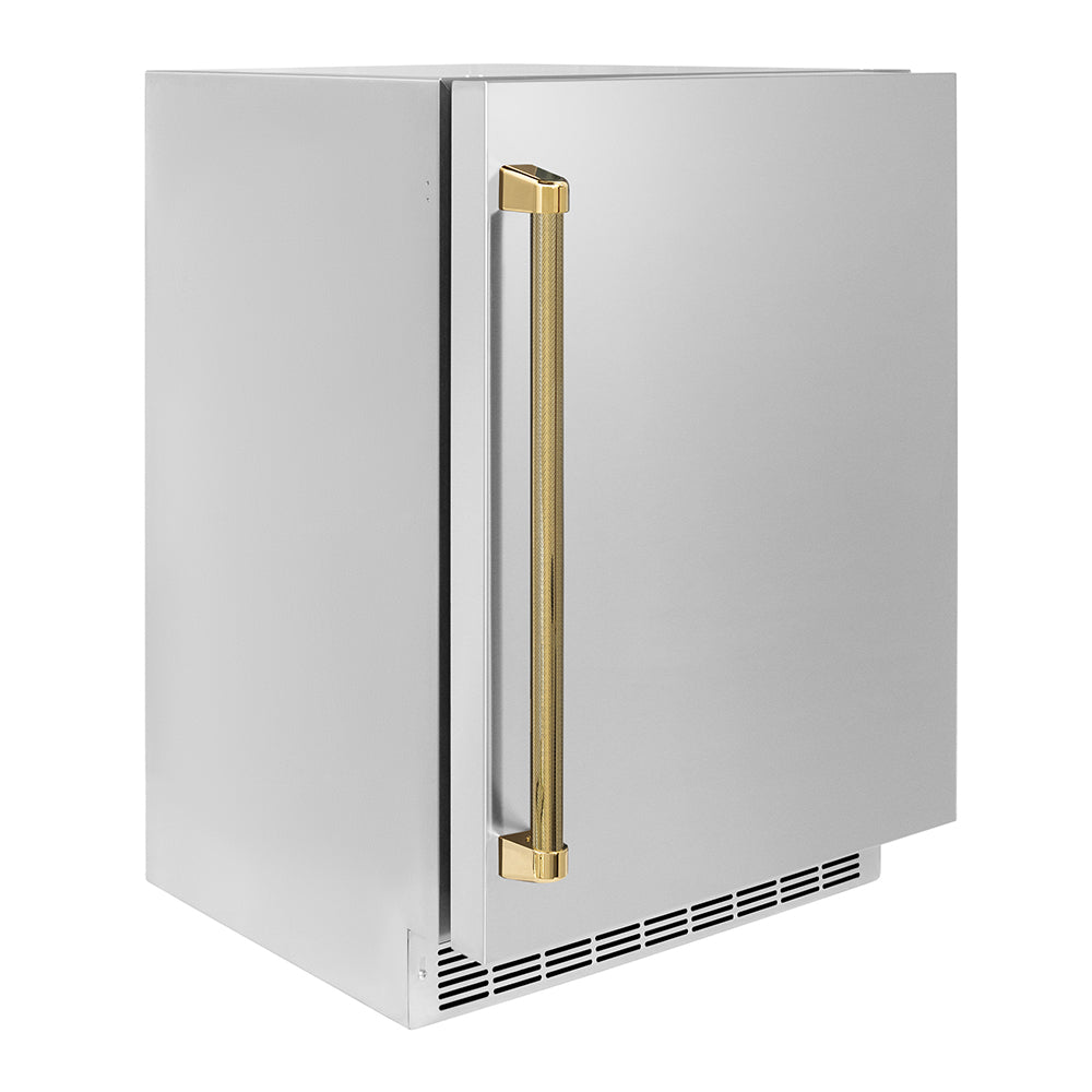 ZLINE Autograph Edition 24 in. Touchstone 151 Can Beverage Fridge with Solid Stainless Steel Door and Polished Gold Helix Handle (RBSOZ-ST-24-KG) side.