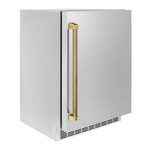 ZLINE Autograph Edition 24 in. Touchstone 151 Can Beverage Fridge with Solid Stainless Steel Door and Polished Gold Helix Handle (RBSOZ-ST-24-KG) side.