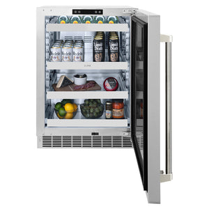 ZLINE Autograph Edition 24 in. Touchstone 151 Can Beverage Fridge with Solid Stainless Steel Door and Polished Nickel Helix Handle (RBSOZ-ST-24-KPN) front, open, with various beverages inside.