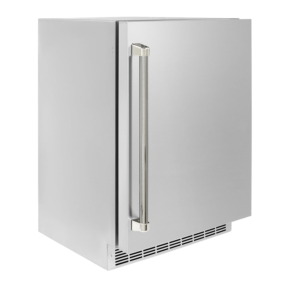 ZLINE Autograph Edition 24 in. Touchstone 151 Can Beverage Fridge with Solid Stainless Steel Door and Polished Nickel Helix Handle (RBSOZ-ST-24-KPN) side.