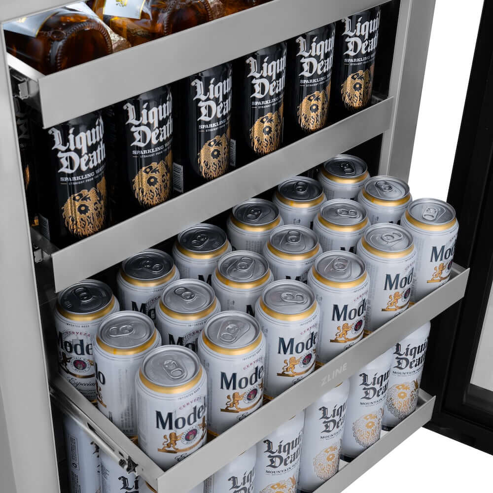 ZLINE Autograph Edition 24 in. Touchstone 151 Can Beverage Fridge With Solid Stainless Steel Door And Matte Black Handle (RBSOZ-ST-24-MB) side, fully stocked with canned beverages on 3 full-extension glass racks and bottles on top full-extension stainless steel rack.