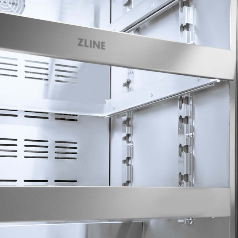 ZLINE Autograph Edition 24 in. Touchstone 151 Can Beverage Fridge With Solid Stainless Steel Door And Matte Black Handle (RBSOZ-ST-24-MB) front, middle full-extension glass racks with ZLINE logo close up.