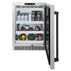 ZLINE Autograph Edition 24 in. Touchstone 151 Can Beverage Fridge With Solid Stainless Steel Door And Matte Black Handle (RBSOZ-ST-24-MB) front, open, with food and beverages inside.