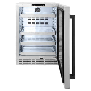 ZLINE Autograph Edition 24 in. Touchstone 151 Can Beverage Fridge With Solid Stainless Steel Door And Matte Black Handle (RBSOZ-ST-24-MB) front, open.