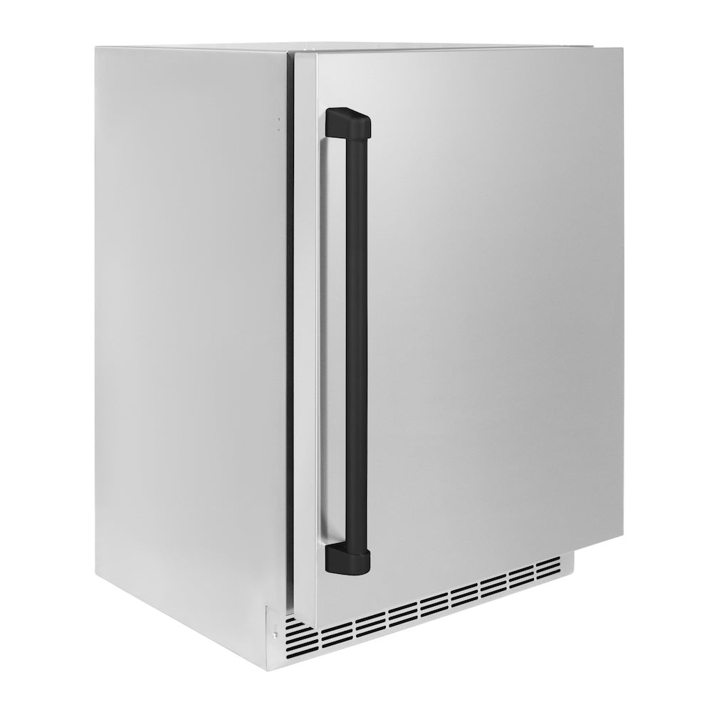 ZLINE Autograph Edition 24 in. Touchstone 151 Can Beverage Fridge With Solid Stainless Steel Door And Matte Black Handle (RBSOZ-ST-24-MB) side, closed.