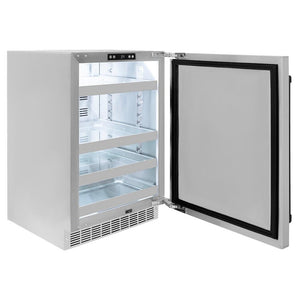 ZLINE Autograph Edition 24 in. Touchstone 151 Can Beverage Fridge With Solid Stainless Steel Door And Matte Black Handle (RBSOZ-ST-24-MB) side, open.