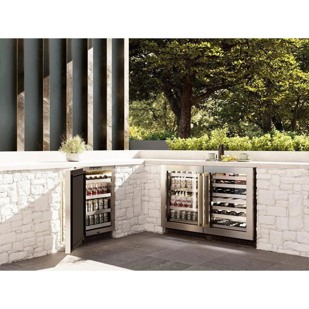 ZLINE Autograph Edition 24 in. Touchstone Dual Zone 44 Bottle Wine Cooler With Stainless Steel Glass Door And Champagne Bronze Handle (RWDOZ-GS-24-CB) in an outdoor patio area.