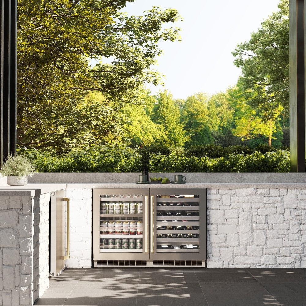 ZLINE Autograph Edition 24 in. Touchstone Dual Zone 44 Bottle Wine Cooler With Stainless Steel Glass Door And Champagne Bronze Handle (RWDOZ-GS-24-CB) in an outdoor patio area.