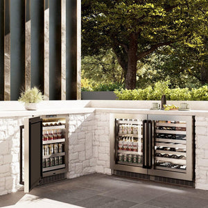 ZLINE Autograph Edition 24 in. Touchstone Dual Zone 44 Bottle Wine Cooler With Stainless Steel Glass Door And Matte Black Handle (RWDOZ-GS-24-MB) in an outdoor patio area.