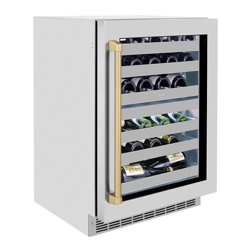 ZLINE Autograph Edition 24 in. Touchstone Dual Zone 44 Bottle Wine Cooler With Stainless Steel Glass Door And Champagne Bronze Handle (RWDOZ-GS-24-CB) side, closed.
