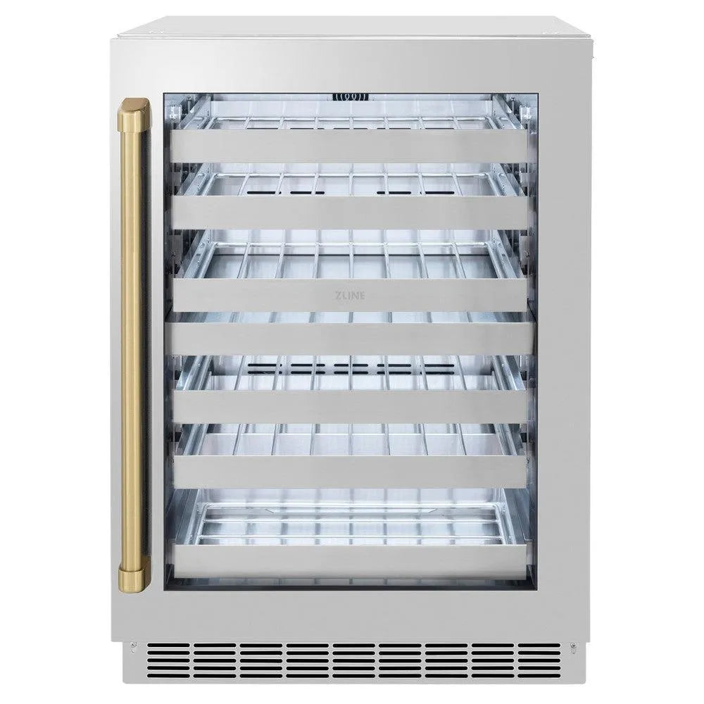 ZLINE Autograph Edition 24 in. Touchstone Dual Zone 44 Bottle Wine Cooler With Stainless Steel Glass Door And Champagne Bronze Handle (RWDOZ-GS-24-CB) main image.