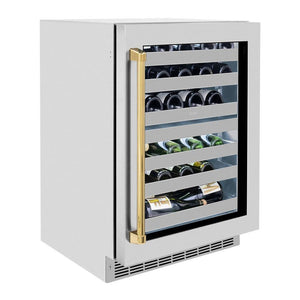 ZLINE Autograph Edition 24 in. Touchstone Dual Zone 44 Bottle Wine Cooler With Stainless Steel Glass Door And Polished Gold Handle (RWDOZ-GS-24-G) side, closed.