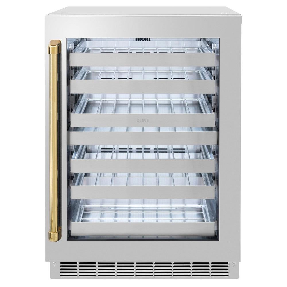 ZLINE Autograph Edition 24 in. Touchstone Dual Zone 44 Bottle Wine Cooler With Stainless Steel Glass Door And Polished Gold Handle (RWDOZ-GS-24-G) front, closed.