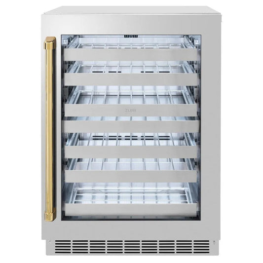 ZLINE Autograph Edition 24 in. Touchstone Dual Zone 44 Bottle Wine Cooler With Stainless Steel Glass Door And Polished Gold Handle (RWDOZ-GS-24-G) main image.