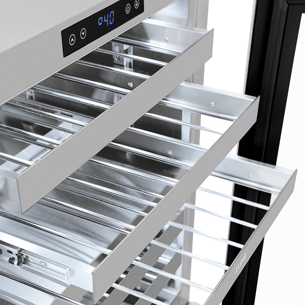 ZLINE Autograph Edition 24 in. Touchstone Dual Zone 44 Bottle Wine Cooler with Stainless Steel Glass Door and Champagne Bronze Helix Handle (RWDOZS-24-KCB) empty wine shelves with digital display.