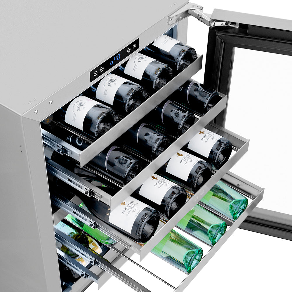 ZLINE Autograph Edition 24 in. Touchstone Dual Zone 44 Bottle Wine Cooler with Stainless Steel Glass Door and Champagne Bronze Helix Handle (RWDOZS-24-KCB) wine bottles on extended racks from above.
