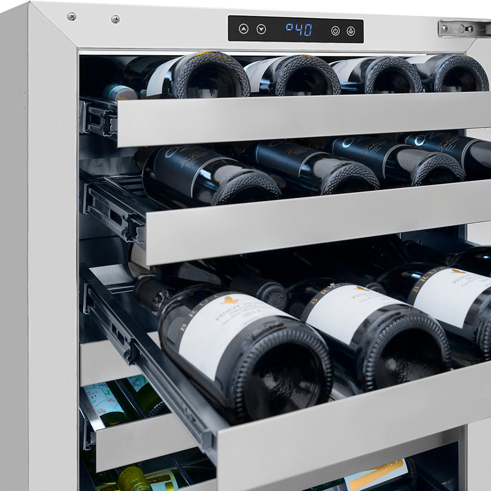 ZLINE Autograph Edition 24 in. Touchstone Dual Zone 44 Bottle Wine Cooler with Stainless Steel Glass Door and Champagne Bronze Helix Handle (RWDOZS-24-KCB) wine bottles on extended racks from front.