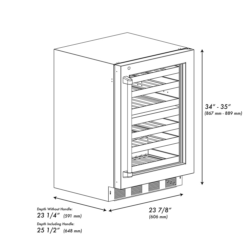 ZLINE Autograph Edition 24 in. Touchstone Dual Zone 44 Bottle Wine Cooler with Stainless Steel Glass Door and Champagne Bronze Helix Handle (RWDOZS-24-KCB) dimensional diagram.