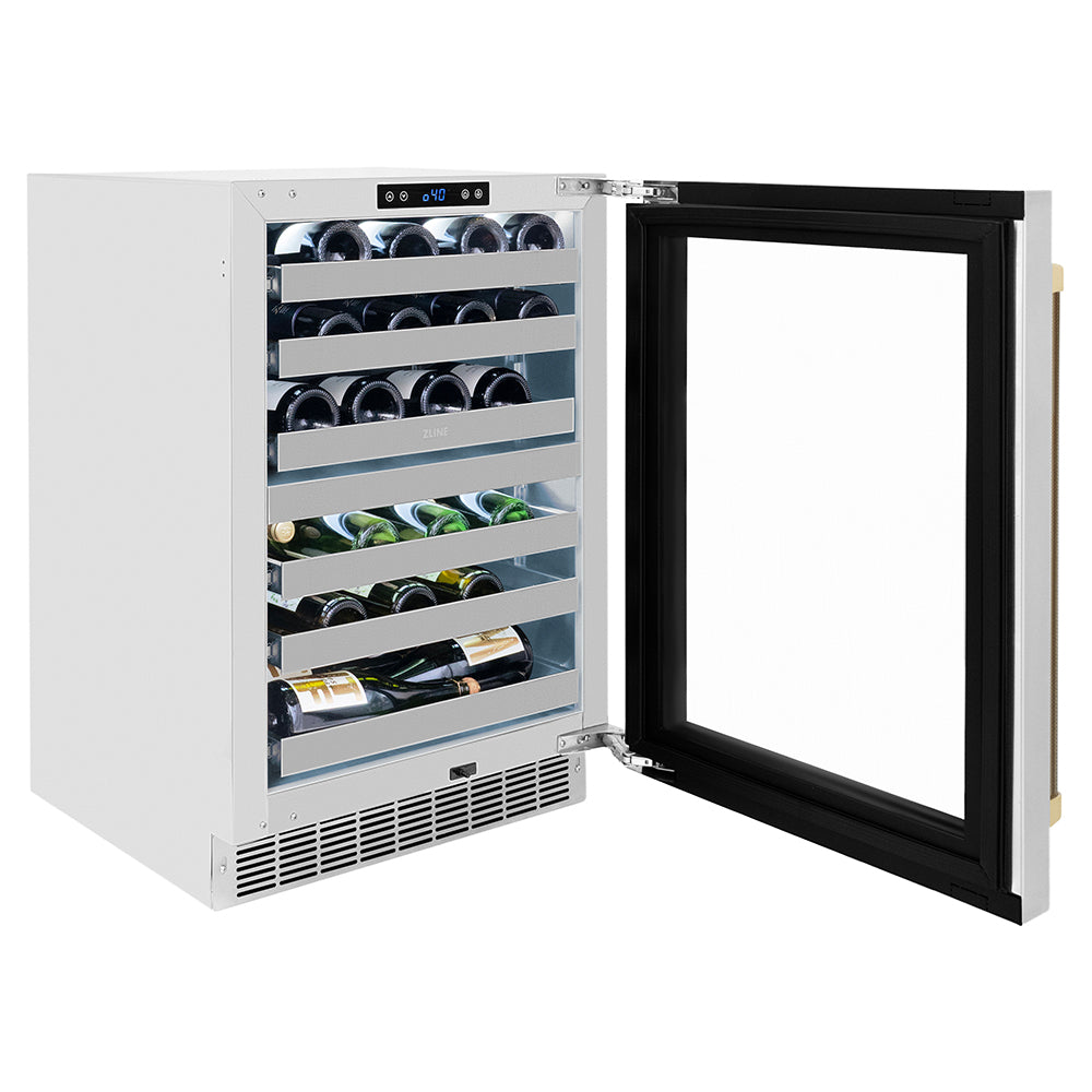 ZLINE Autograph Edition 24 in. Touchstone Dual Zone 44 Bottle Wine Cooler with Stainless Steel Glass Door and Champagne Bronze Helix Handle (RWDOZS-24-KCB) side, open, with various wine varietals inside.
