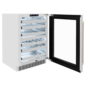 ZLINE Autograph Edition 24 in. Touchstone Dual Zone 44 Bottle Wine Cooler with Stainless Steel Glass Door and Champagne Bronze Helix Handle (RWDOZS-24-KCB) side, open.