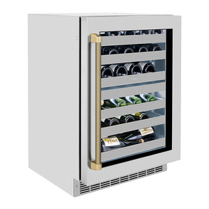 ZLINE Autograph Edition 24 in. Touchstone Dual Zone 44 Bottle Wine Cooler with Stainless Steel Glass Door and Champagne Bronze Helix Handle (RWDOZS-24-KCB) side.