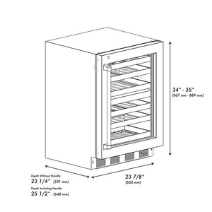 ZLINE Autograph Edition 24 in. Touchstone Dual Zone 44 Bottle Wine Cooler with Stainless Steel Glass Door and Polished Gold Helix Handle (RWDOZS-24-KG) dimensional diagram.