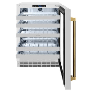 ZLINE Autograph Edition 24 in. Touchstone Dual Zone 44 Bottle Wine Cooler with Stainless Steel Glass Door and Polished Gold Helix Handle (RWDOZS-24-KG) front, open.