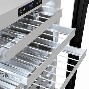 ZLINE Autograph Edition 24 in. Touchstone Dual Zone 44 Bottle Wine Cooler with Stainless Steel Glass Door and Polished Nickel Helix Handle (RWDOZS-24-KPN) empty wine shelves with digital display.
