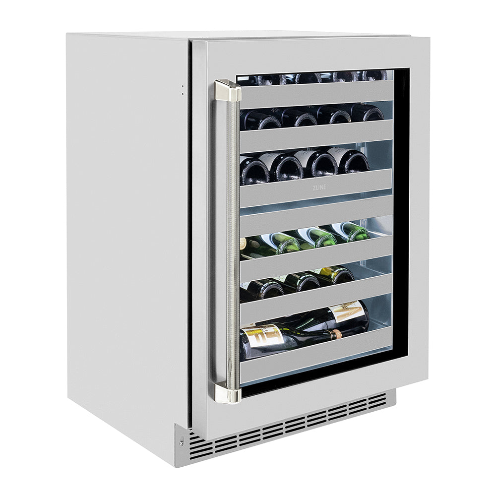 ZLINE Autograph Edition 24 in. Touchstone Dual Zone 44 Bottle Wine Cooler with Stainless Steel Glass Door and Polished Nickel Helix Handle (RWDOZS-24-KPN) side.