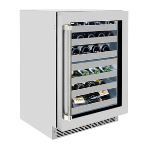 ZLINE Autograph Edition 24 in. Touchstone Dual Zone 44 Bottle Wine Cooler with Stainless Steel Glass Door and Polished Nickel Helix Handle (RWDOZS-24-KPN) side.